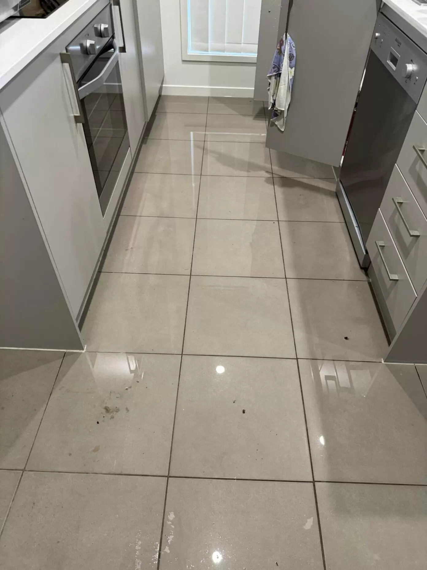Water on kitchen tile floor caused by burst flexi hose under sink in Pimpama Gold Coast
