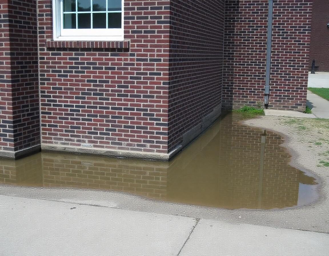 Water pooling at the base of a brick house, indicating poor drainage and a risk of foundation damage.