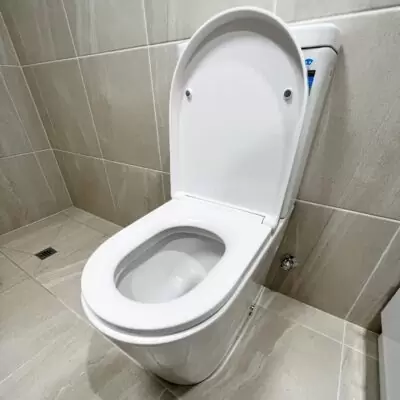 Soft-close toilet seat in a white tiled bathroom on the Gold Coast