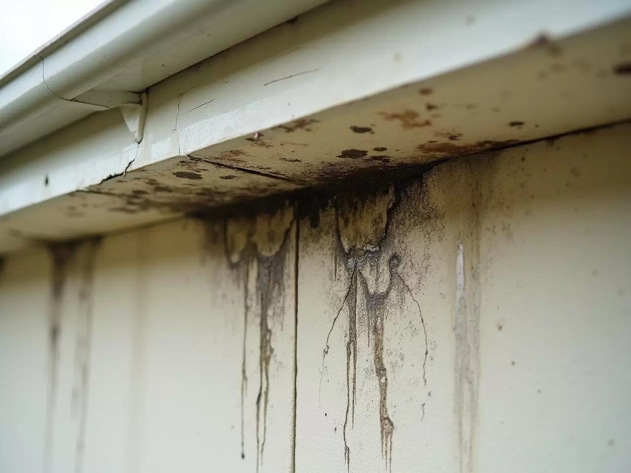 Mould and water stains on an external wall caused by leaking gutters and poor drainage.
