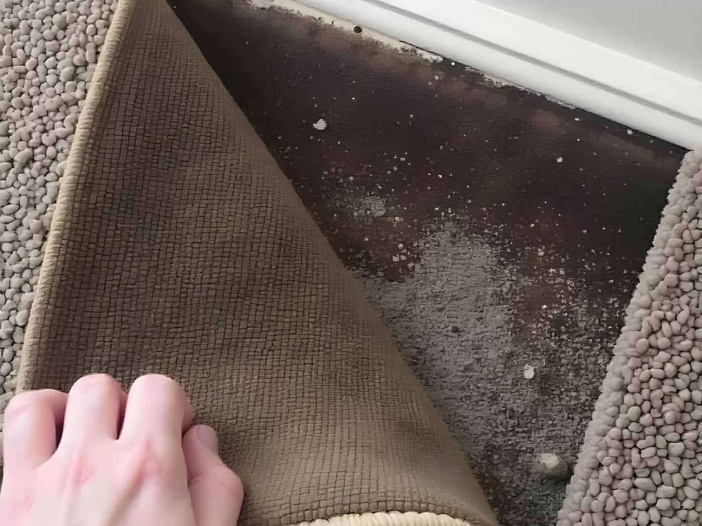 Hand lifting a carpet to reveal black mould and moisture damage on the floor beneath, indicating indoor damp issues.