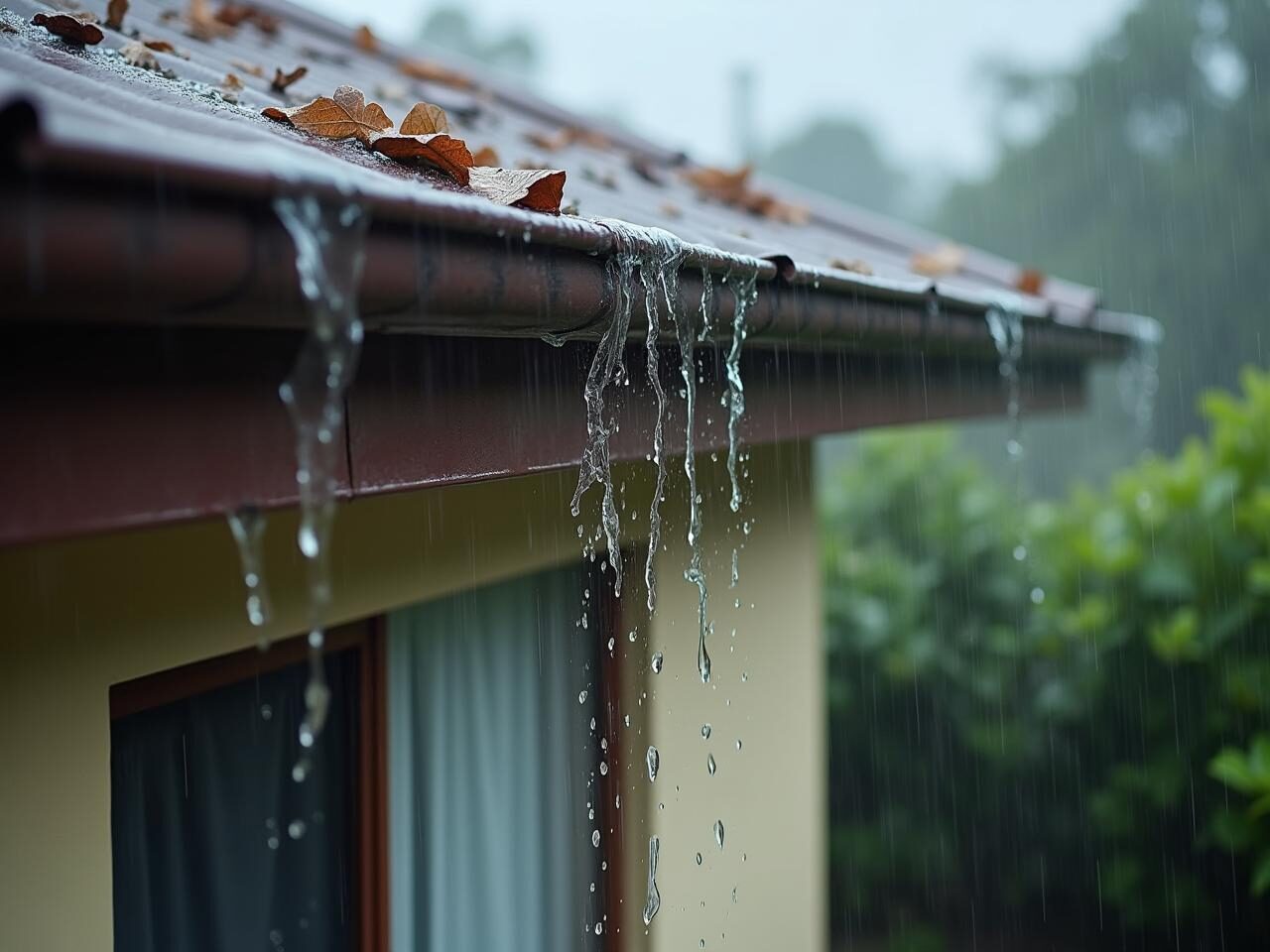 Rainwater spilling over a gutter blocked by leaves during a storm, showing poor drainage