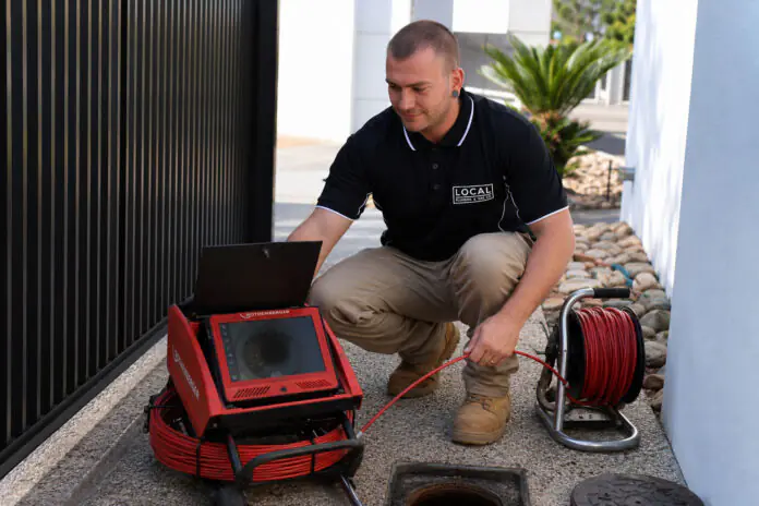 Local Plumbing & Gas Co. plumber carrying out a CCTV drain inspection on the Gold Coast using drain camera equipment