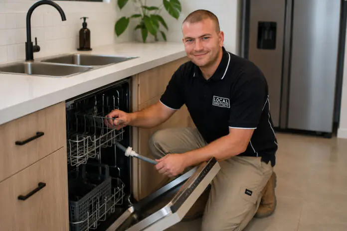 Local Plumbing & Gas Co. plumber connecting a dishwasher in a Gold Coast kitchen.