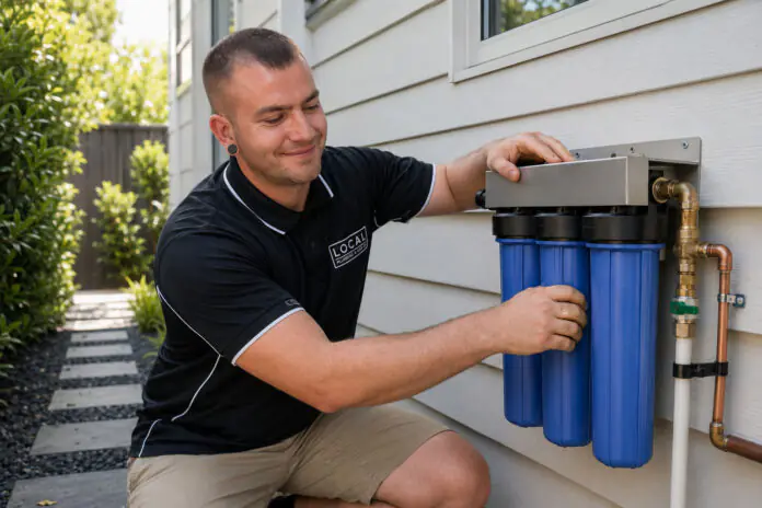 Local Plumbing & Gas Co. plumber installing a whole-house water filter system on the Gold Coast