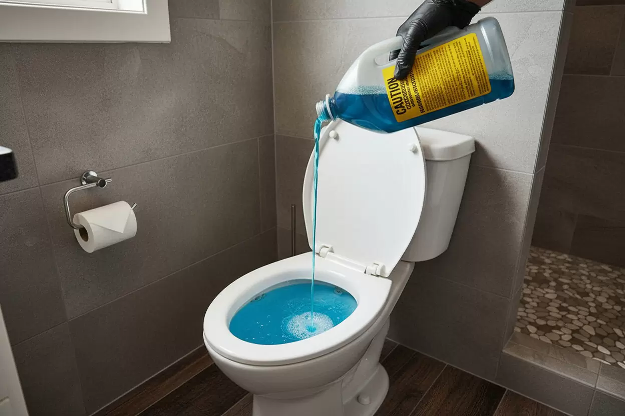 Pouring chemical drain cleaner into a toilet bowl to clear a clog