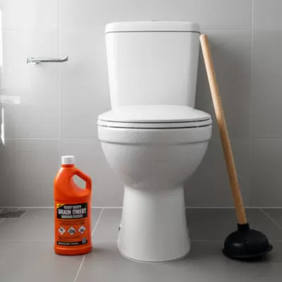 Chemical drain cleaner and plunger beside a toilet showing two methods for clearing a blocked toilet