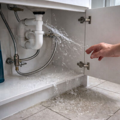 common causes of plumbing leaks including burst flexi hose under bathroom sink