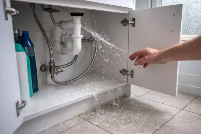 common causes of plumbing leaks including burst flexi hose under bathroom sink