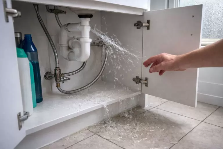 common causes of plumbing leaks including burst flexi hose under bathroom sink