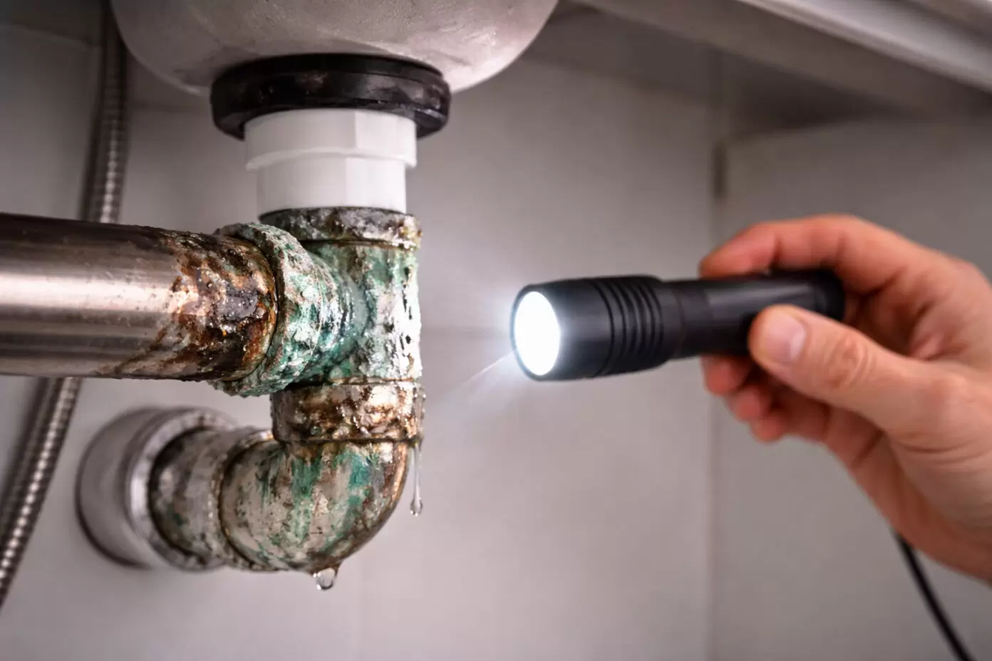 corroded copper pipe under sink showing early signs pipes need repair