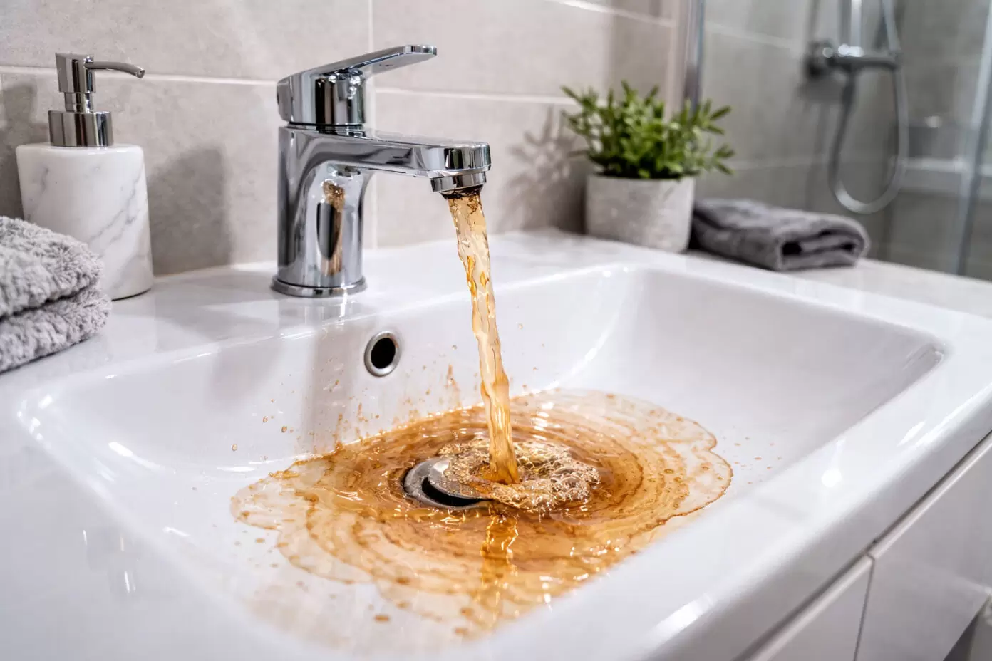 brown rusty tap water caused by corroded household plumbing pipes
