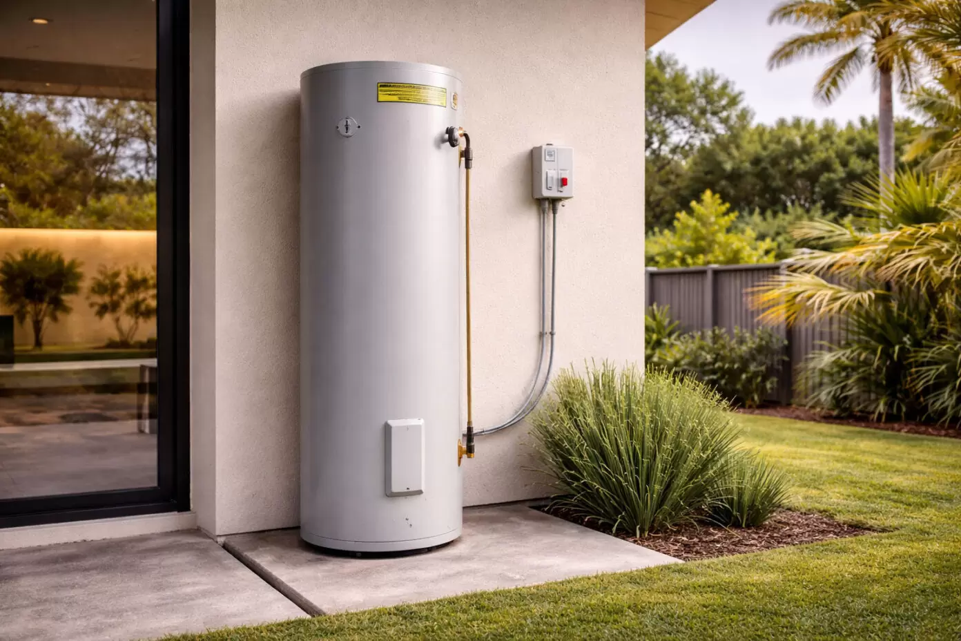 Electric storage hot water system installed outside a modern Gold Coast home