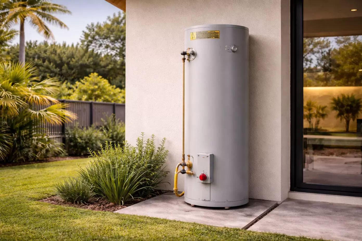 Gas storage hot water system installed outside a modern Gold Coast home