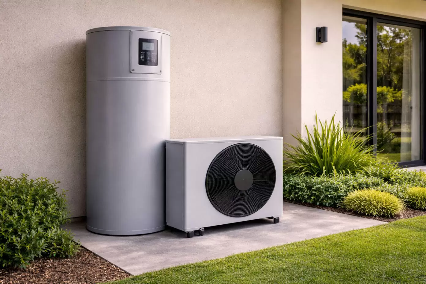 Heat pump hot water system installed outside a modern Gold Coast home