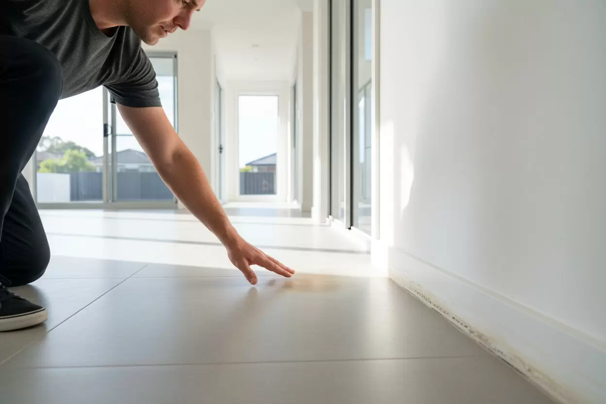 Homeowner checking a warm patch on a concrete floor caused by a hidden water leak under the slab