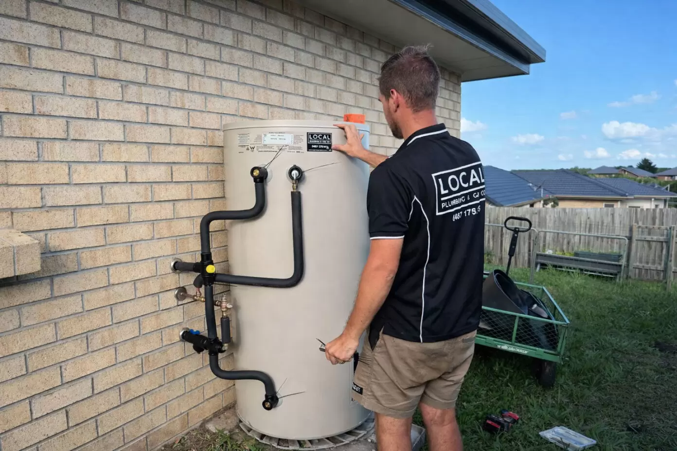Plumber connecting pipework during outdoor hot water system installation
