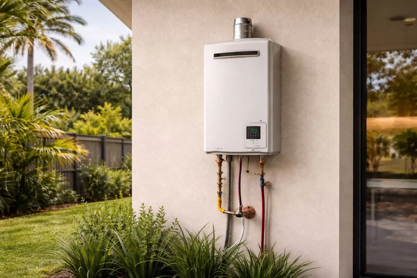 Instantaneous gas hot water system installed on the exterior wall of a Gold Coast home