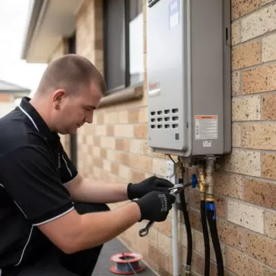 Licensed plumber installing a hot water system in a Queensland home