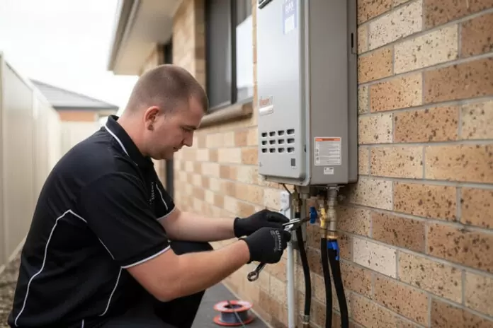 Licensed plumber installing a hot water system in a Queensland home