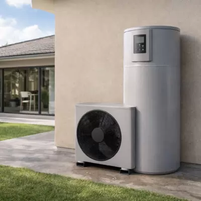 Energy efficient heat pump hot water system installed outside a modern Gold Coast home