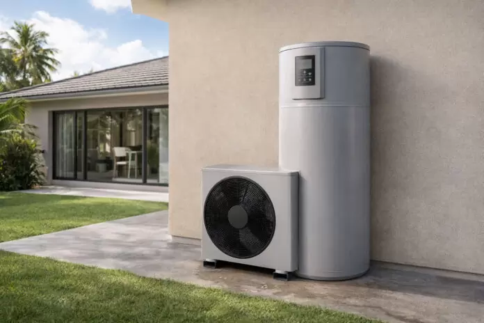 Energy efficient heat pump hot water system installed outside a modern Gold Coast home