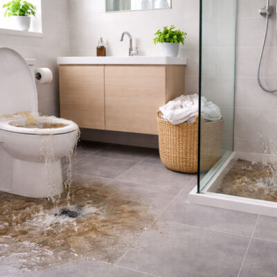Toilet and shower backing up simultaneously with wastewater overflowing onto bathroom floor showing a sewer line blockage warning sign