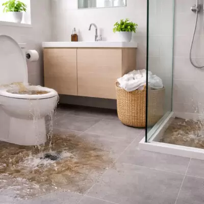 Toilet and shower backing up simultaneously with wastewater overflowing onto bathroom floor showing a sewer line blockage warning sign