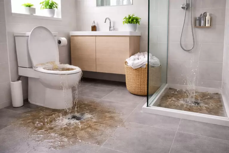 Toilet and shower backing up simultaneously with wastewater overflowing onto bathroom floor showing a sewer line blockage warning sign