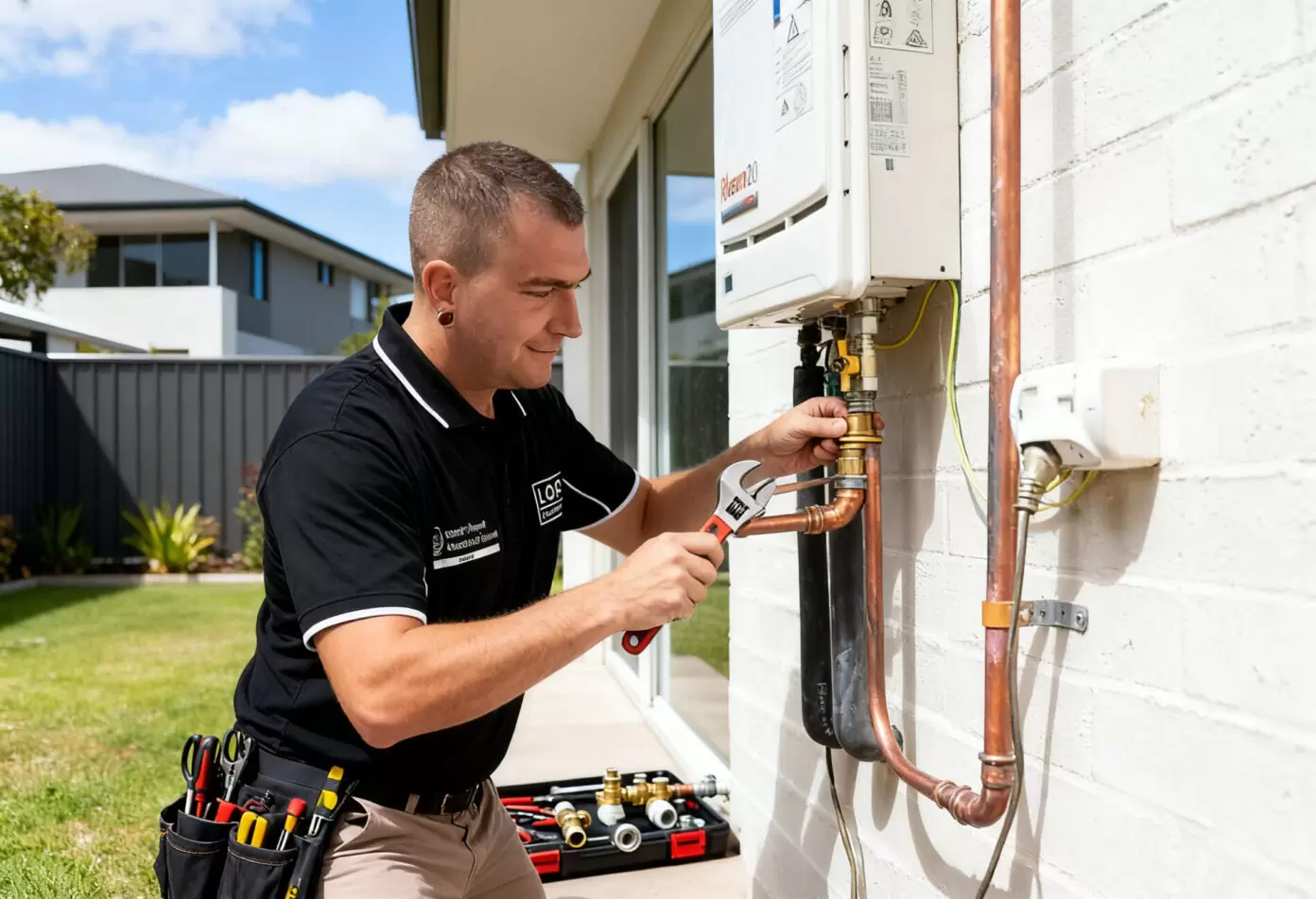 Licensed plumber connecting copper pipework during hot water system installation