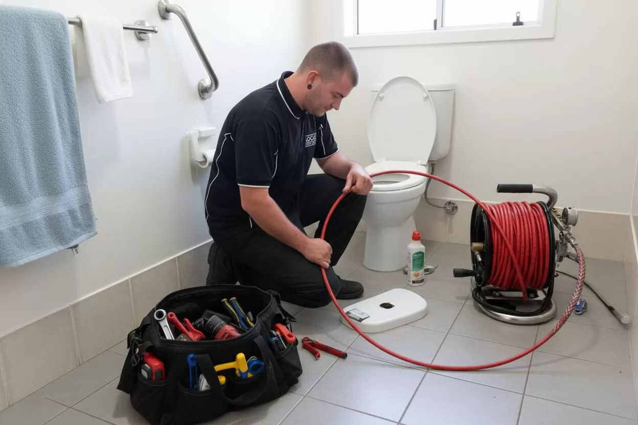 Plumber fixing a blocked toilet in a Gold Coast home