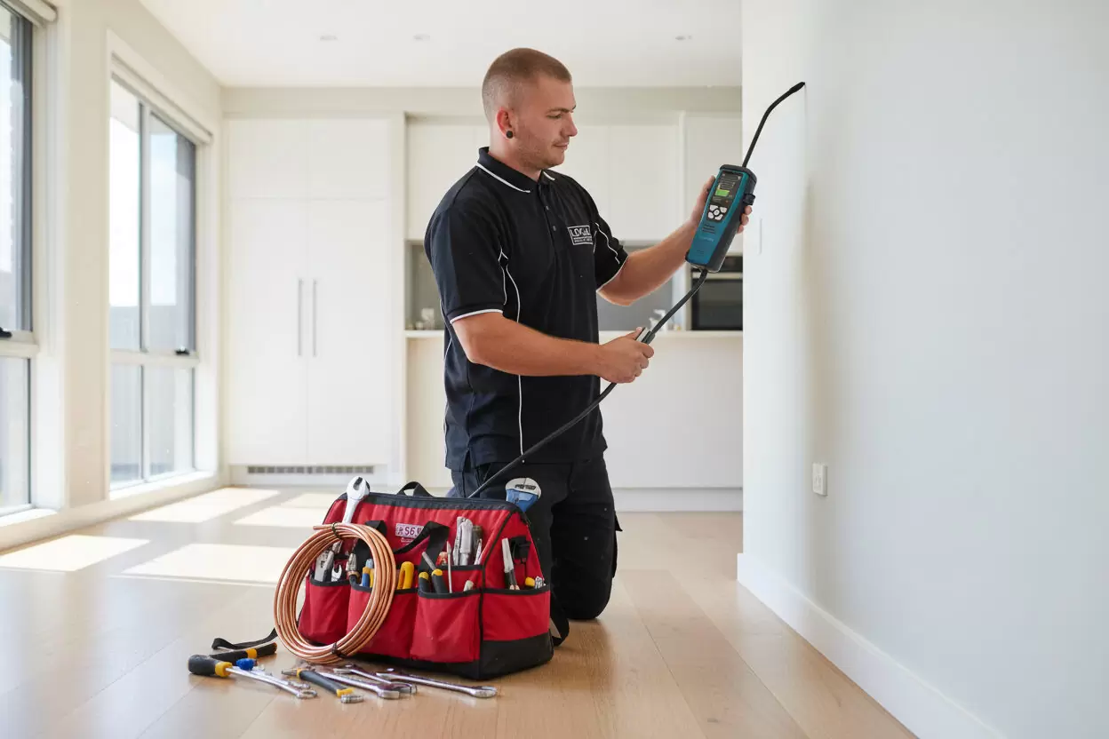 Plumber using professional leak detection equipment inside a Gold Coast home
