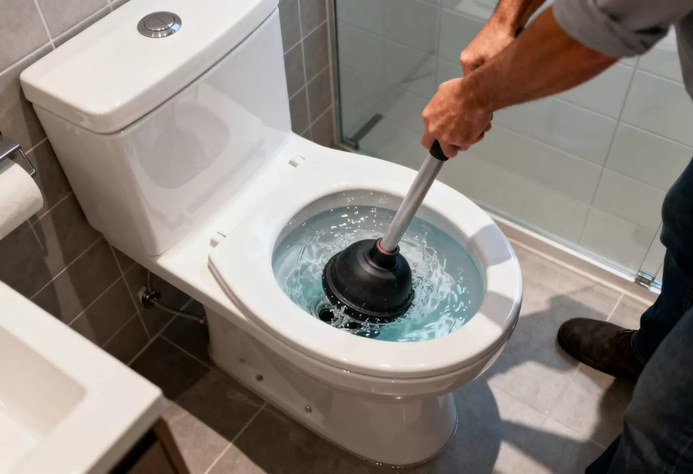 Using a flange plunger to clear a blocked toilet in a bathroom