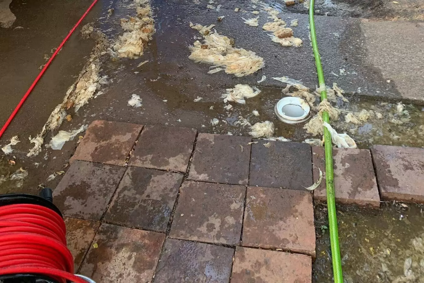 Sewage overflow in yard caused by blocked sewer line