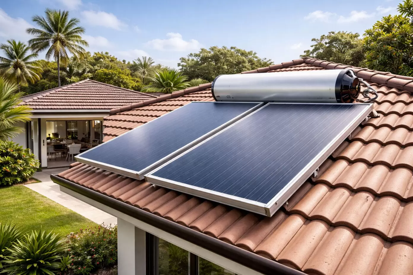 Solar hot water system with roof collectors installed on a Gold Coast home