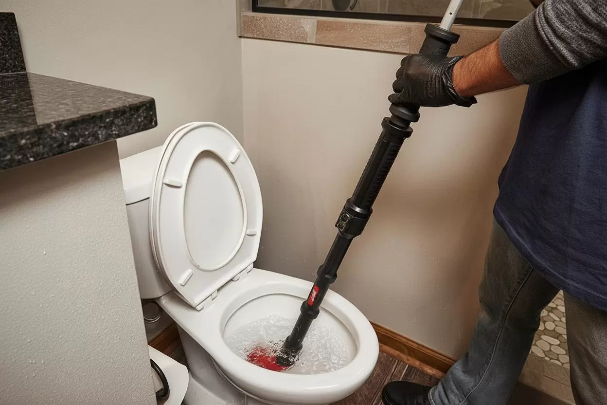 Toilet auger being used to remove a toilet clog