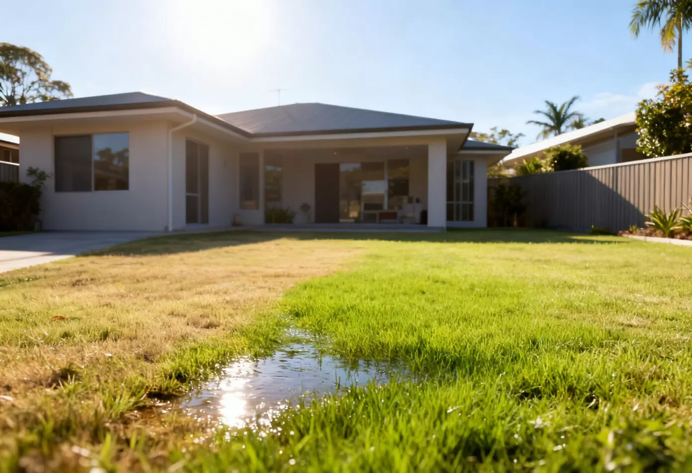Bright green patch of lawn caused by an underground water leak in a suburban yard