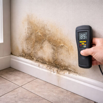 damp wall stain caused by hidden leaking pipe inside house wall