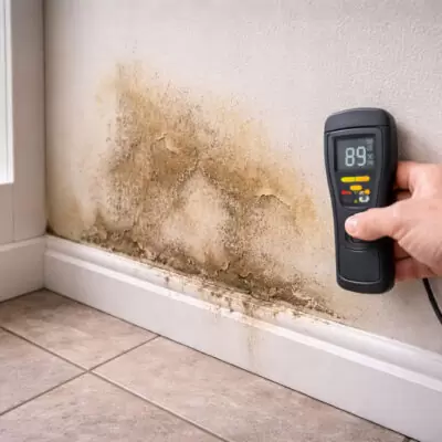 damp wall stain caused by hidden leaking pipe inside house wall