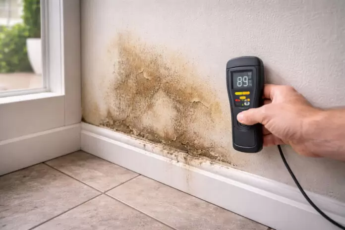 damp wall stain caused by hidden leaking pipe inside house wall