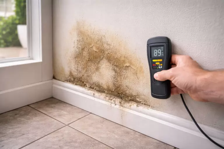 damp wall stain caused by hidden leaking pipe inside house wall