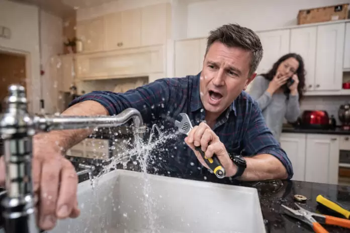 Homeowner reacting to water spraying from a burst kitchen sink pipe showing what to do when a pipe bursts in a house