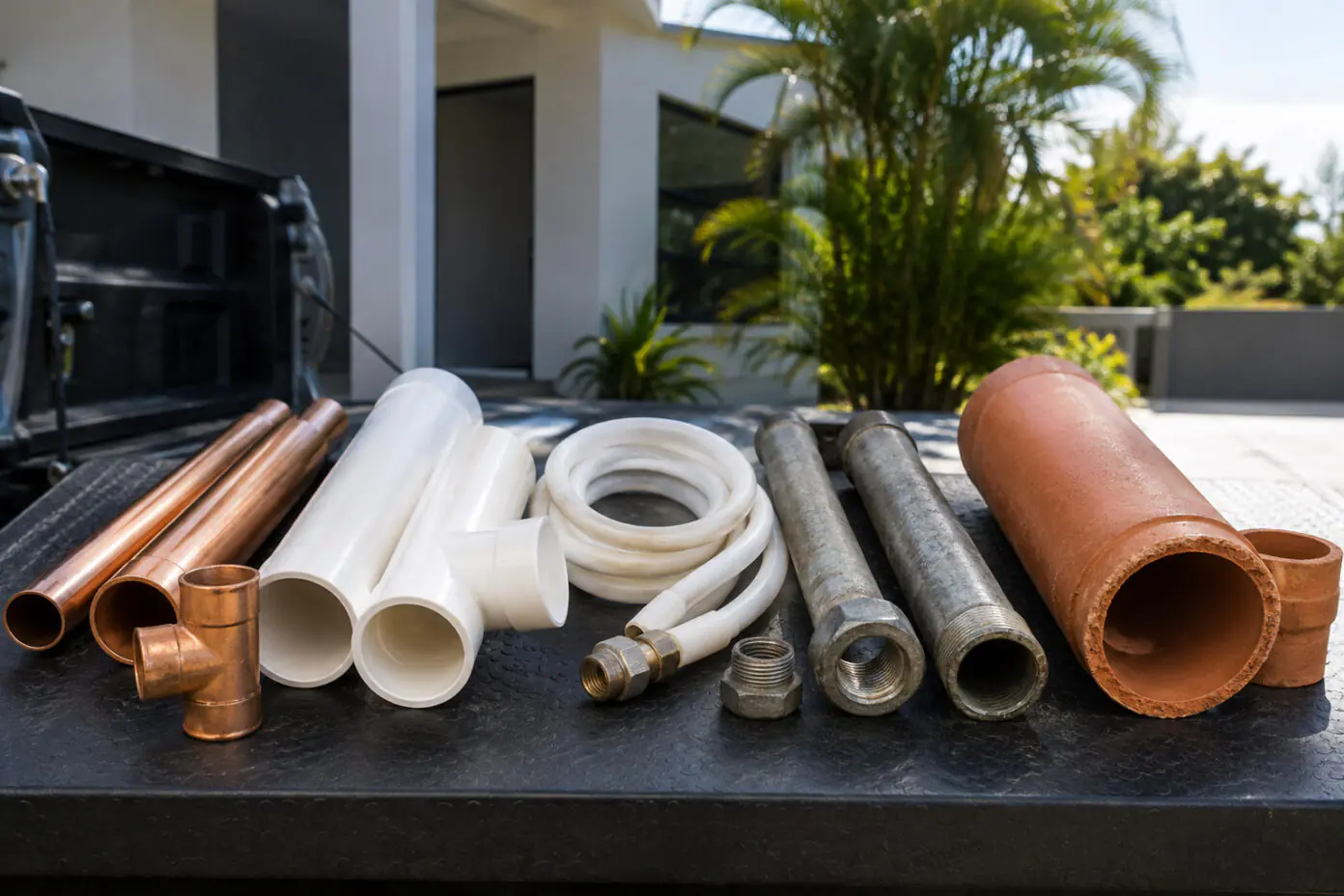 Common pipe materials used in Gold Coast homes, including copper, PVC, PEX, galvanised steel and terracotta pipes