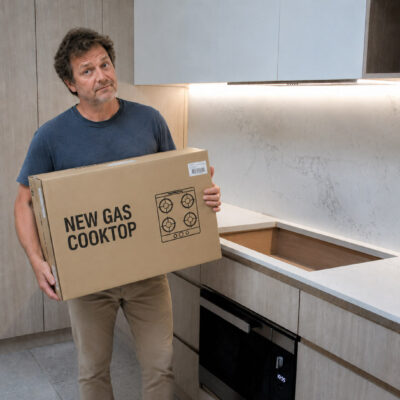 Homeowner holding new gas cooktop, asking the question, Can I Install A Gas Cooktop Myself?