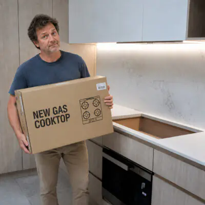 Homeowner holding new gas cooktop, asking the question, Can I Install A Gas Cooktop Myself?