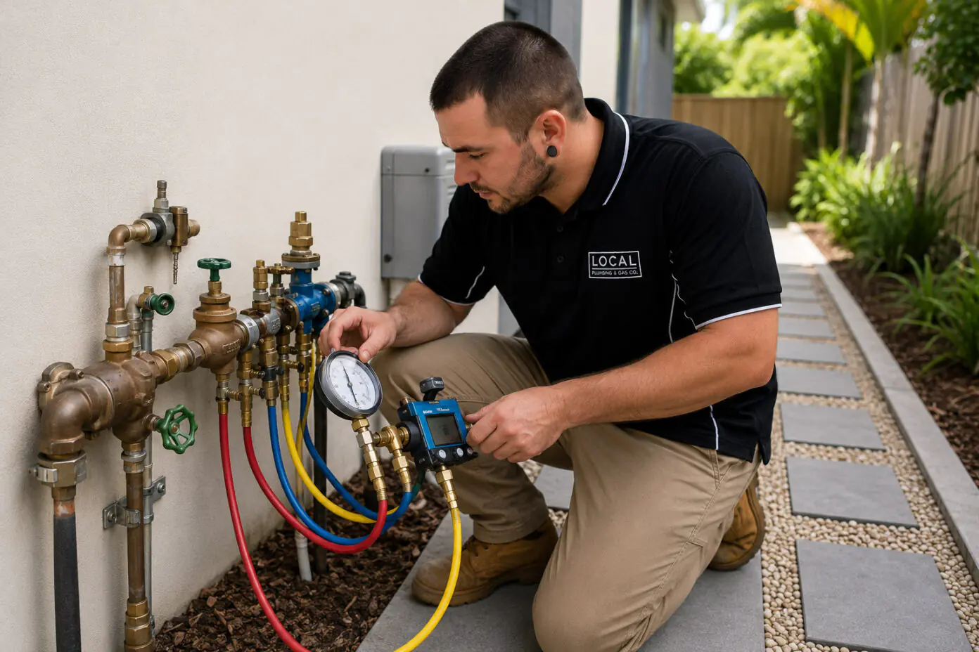 Licensed Gold Coast plumber testing a backflow prevention device with pressure gauges