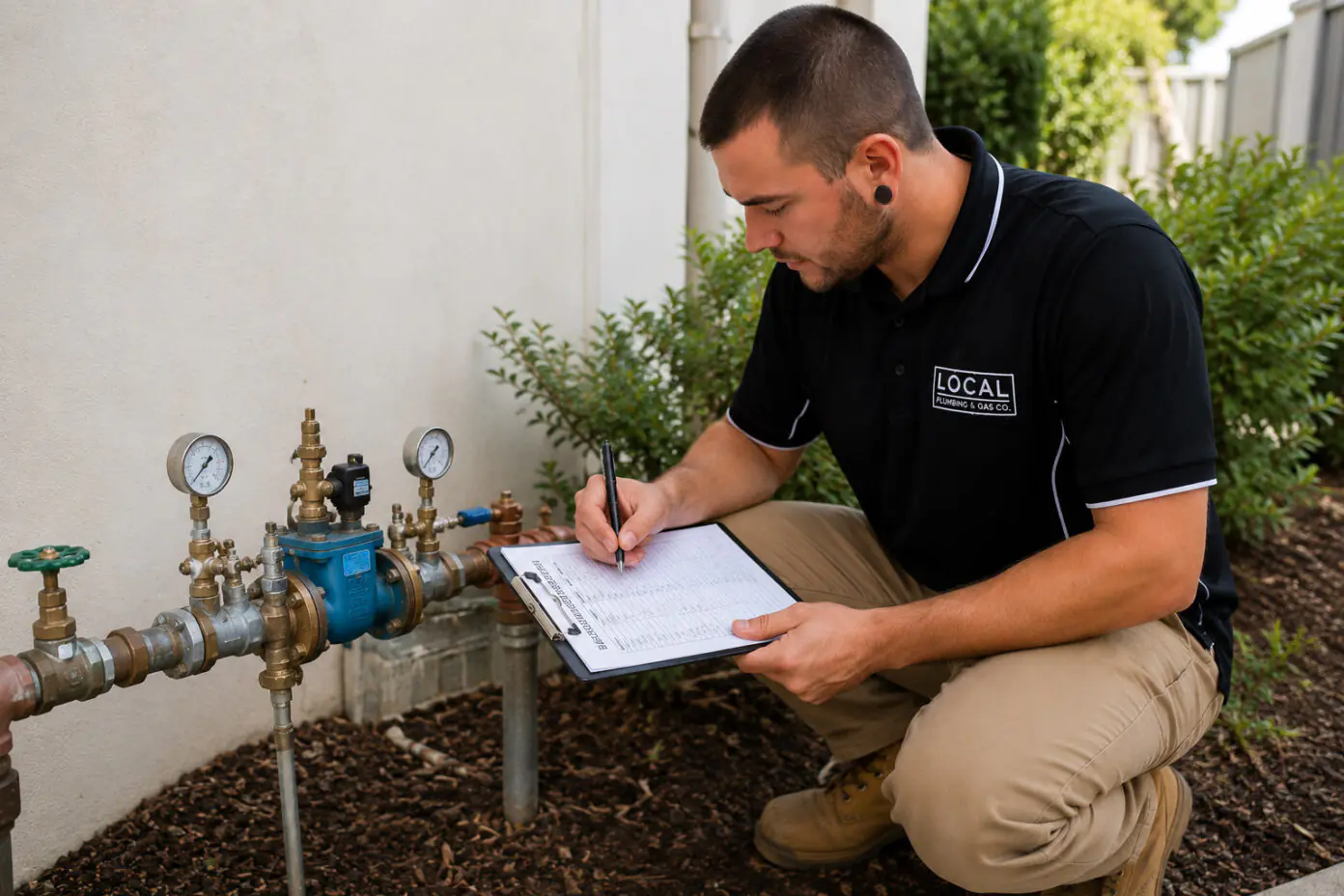 Licensed plumber recording backflow prevention device test results on the Gold Coast