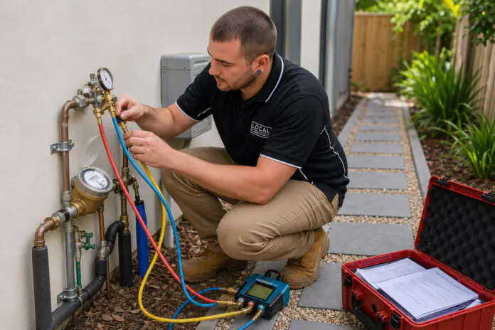 Licensed Gold Coast plumber testing a residential backflow prevention device