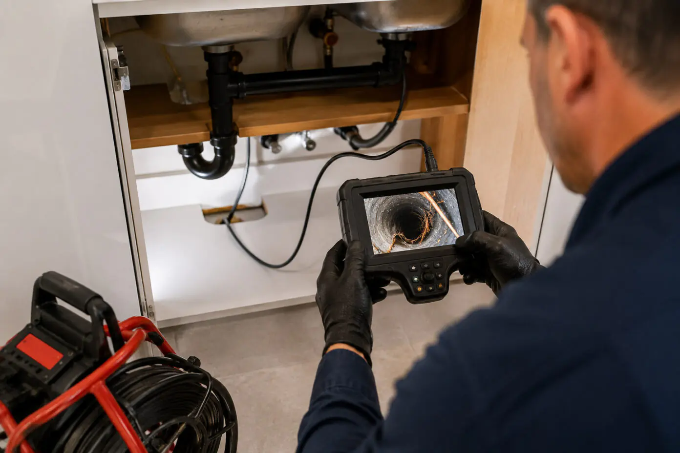 CCTV drain inspection showing tree root intrusion inside damaged pipework