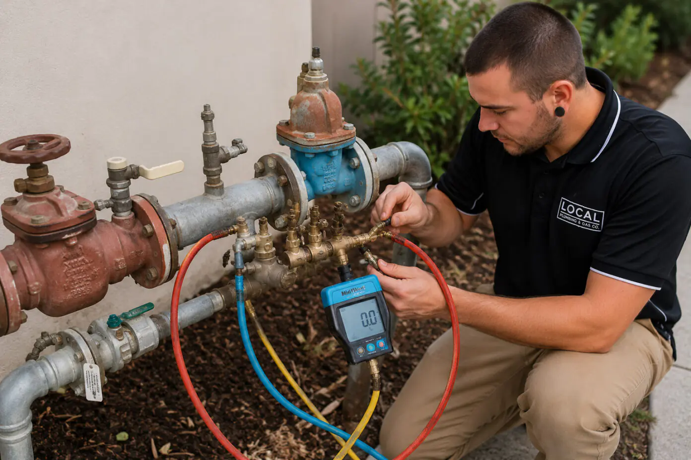 Gold Coast plumber pressure testing a commercial backflow prevention device